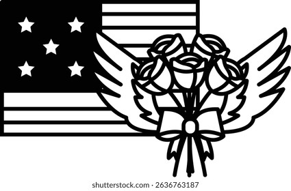 A black and white image of a flag with stars and a rose bouquet. The flag is in the background and the roses are in the foreground. Concept of patriotism and love