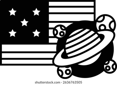 A black and white image of a flag with stars and a planet in the center. The flag is the United States of America