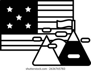 A black and white image of a flag with stars and stripes and a mountain range in the background