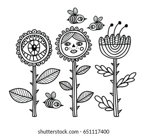 Black and white image of flowers and bees. Vector illustration of nature elements for children and adult coloring book.