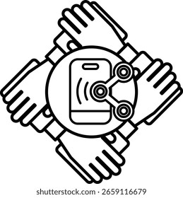 Ein Schwarz-Weiß-Bild von vier Händen, die ein Handy halten. Konzept der Zusammenarbeit und Teamarbeit, wie die Hände arbeiten zusammen, um das Telefon zu halten. Die Szene ist positiv und kooperativ