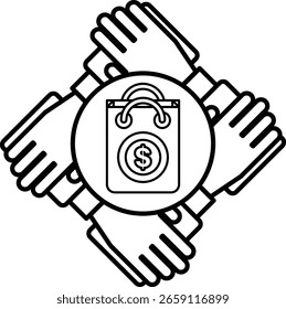A black and white image of four hands holding a shopping bag with a dollar sign on it. Concept of unity and collaboration, as the hands are working together to hold the shopping bag