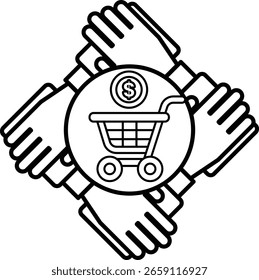 Uma imagem em preto e branco de quatro mãos segurando um carrinho de compras. O carrinho está cheio de uma nota de um dólar e uma moeda. Conceito de trabalho em equipe e colaboração