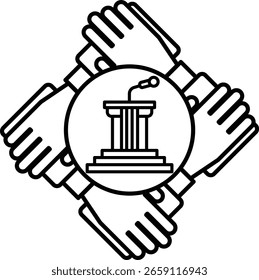Una Imagen en blanco y negro de cuatro manos que se sostienen entre sí con un micrófono en el centro. Concepto de unidad y colaboración