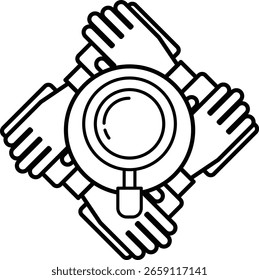 A black and white image of four hands holding a cup with a magnifying glass. Concept of collaboration and teamwork