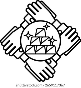 Una Imagen en blanco y negro de cuatro manos sosteniendo una moneda de oro. Concepto de unidad y colaboración, ya que las cuatro manos trabajan juntas para sostener la moneda de oro. La moneda de oro en sí representa la riqueza