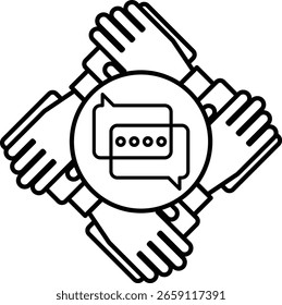 A black and white image of four hands holding each other with a circle in the middle. The circle has a text that says "communication"