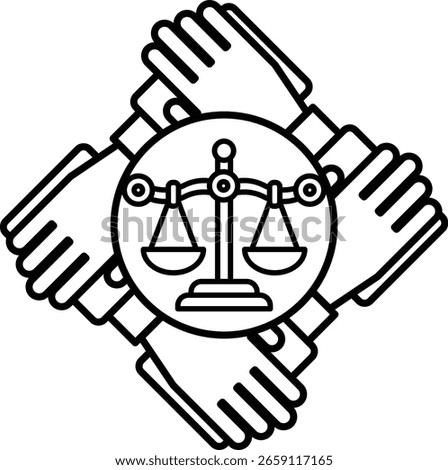 A black and white image of four hands holding a scale. The scale is balanced with the hands on each side. Concept of justice and fairness