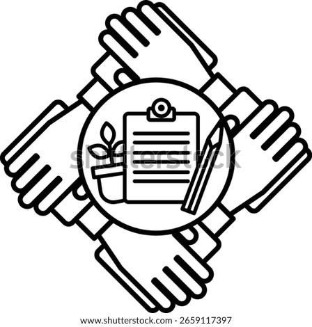 A black and white image of four hands holding a clipboard and a pencil. Concept of collaboration and teamwork