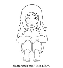 Black and white image. Frightened, depressed, sad girl looks lonely. Vector illustration of a helpless, frightened child. Anxiety and fear. White background, vector