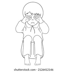 Black and white image. Frightened, depressed, sad girl looks lonely. Vector illustration of a helpless, frightened child. Anxiety and fear. White background, vector