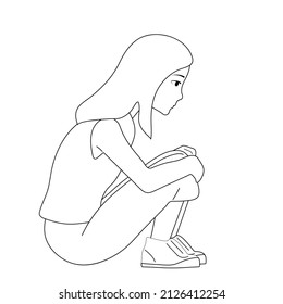 Black and white image. Frightened, depressed, sad girl looks lonely. Vector illustration of a helpless, frightened child. Anxiety and fear. White background, vector