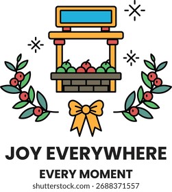 A black and white image of a fruit stand with a bow on it. The image is titled "Joy Everywhere" and is meant to convey a sense of happiness and positivity
