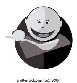 black and white image of a funny smiling round face of a child opening her mouth pull spoon, enclosed in a circle, vector
