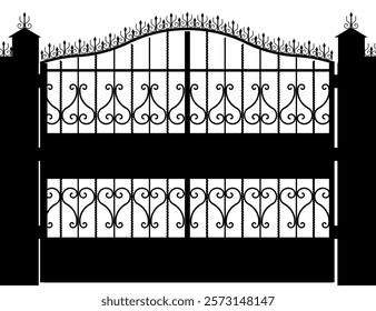 Black and white image of a gate with a lot of ornate designs. The gate is open and the gate is closed