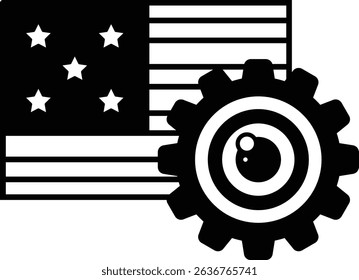 A black and white image of a gear with the American flag in the background. The flag is surrounded by stars and the gear is in the center of the image. Concept of strength and power