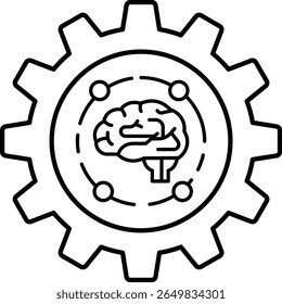 A black and white image of a gear with a brain on it. The brain is surrounded by a circle of smaller circles, and the gear is shown in the center of the image. Concept of innovation and progress