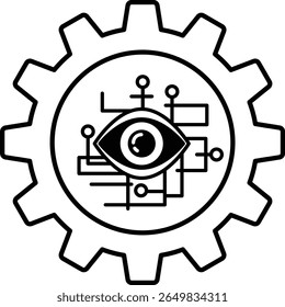 Uma imagem em preto e branco de uma engrenagem com um olho no meio. O olho é cercado por uma rede de linhas e pontos, dando a impressão de um sistema complexo e intrincado