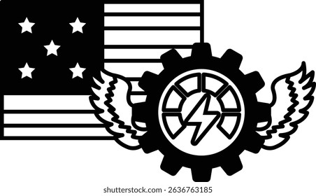 A black and white image of a gear with a lightning bolt on it and the American flag in the background
