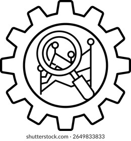 A black and white image of a gear with a magnifying glass on it. Concept of looking closely at something, possibly a problem or a situation, and examining it in detail