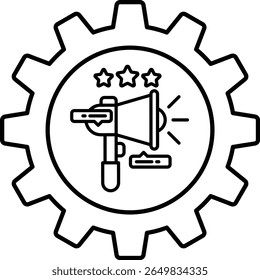 A black and white image of a gear with a microphone and three stars. Concept of a powerful and influential voice, with the three stars representing the three levels of success or achievement