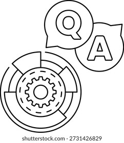 A black and white image of a gear with a question mark and an A above it. Concept of asking a question and seeking an answer