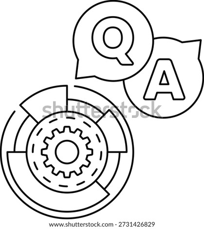 A black and white image of a gear with a question mark and an A above it. Concept of asking a question and seeking an answer