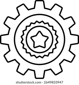 A black and white image of a gear with a star in the middle. The star is surrounded by a circle and the gear is outlined in black. Concept of importance and recognition