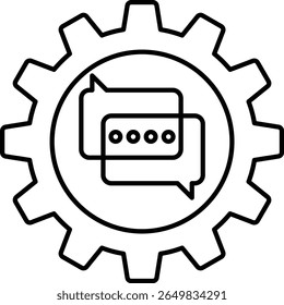 A black and white image of a gear with two speech bubbles on it. The speech bubbles are in the middle of the gear and are connected to each other. Concept of communication and collaboration