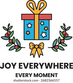 A black and white image of a gift box with a bow and stars. The words "joy everywhere" are written below the image