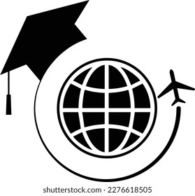 A black and white image of a globe and a graduation cap. Abroad logo