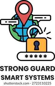 A black and white image of a globe with a keyhole in the middle. The image is titled "Strong Guard Smart Systems"