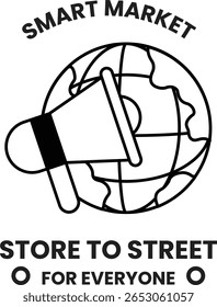 Una Imagen en blanco y negro de un globo terráqueo con un megáfono. El megáfono apunta al globo y el globo está rodeado por un círculo. La Imagen se titula "Store to Street"
