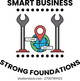 Uma imagem em preto e branco de um globo e duas chaves com as palavras "Smart Business Strong Foundations" escritas abaixo