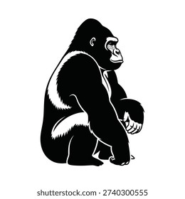 A black and white image of a gorilla sitting down