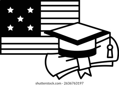 A black and white image of a graduation cap and diploma with stars on the American flag. Concept of accomplishment and success in education
