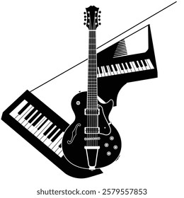 A Black and White Image of a Guitar and a Piano.