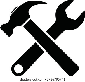 A black and white image of a hammer and wrench crossed over each other