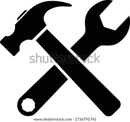 A black and white image of a hammer and wrench crossed over each other