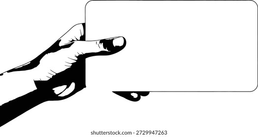 Uma imagem em preto e branco de uma mão segurando um sinal retangular ou cartão com um pequeno suporte
