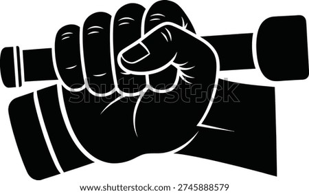 A black and white image of a hand gripping a dumbbell with a clenched fist, symbolizing strength and power