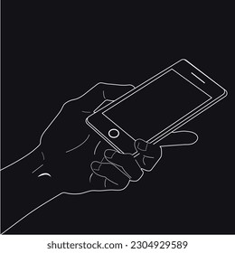Black and white image. A hand holds a phone. Communication.