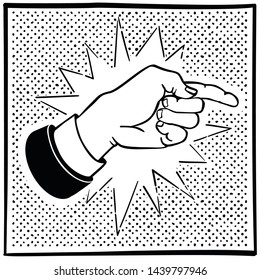Black and white image of a hand with pointing to the right forefinger on a dotted background in retro pop art style