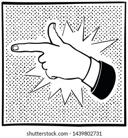 Black and white image of a hand with pointing to the left forefinger on a dotted background in retro pop art style