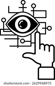 A black and white image of a hand pointing at an eye. The eye is surrounded by a network of lines and dots, giving it a futuristic and technological feel