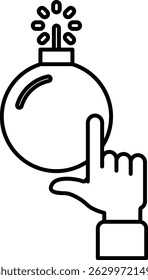 Una Imagen en blanco y negro de una mano apuntando a una bomba. La bomba está rodeada por una luz brillante, y la mano se coloca por encima de ella. Concepto de peligro y urgencia, como si la bomba estuviera a punto de explotar
