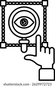 A black and white image of a hand pointing at an eye. The eye is surrounded by a frame and he is magnified. Concept of curiosity and wonder