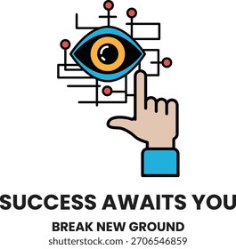 Uma imagem em preto-e-branco de uma mão apontando para um olho com as palavras success aguarda você abaixo