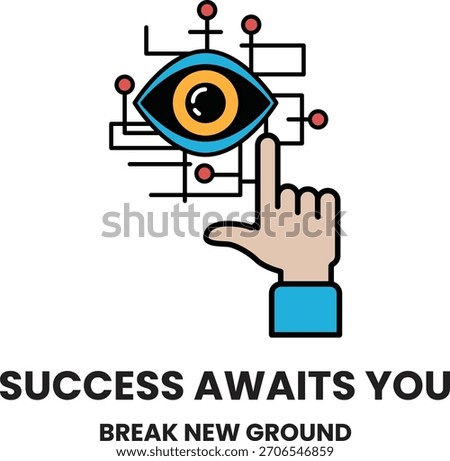 A black and white image of a hand pointing to an eye with the words success awaits you below