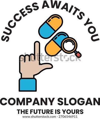 A black and white image of a hand pointing to a pill bottle with the words success awaits you